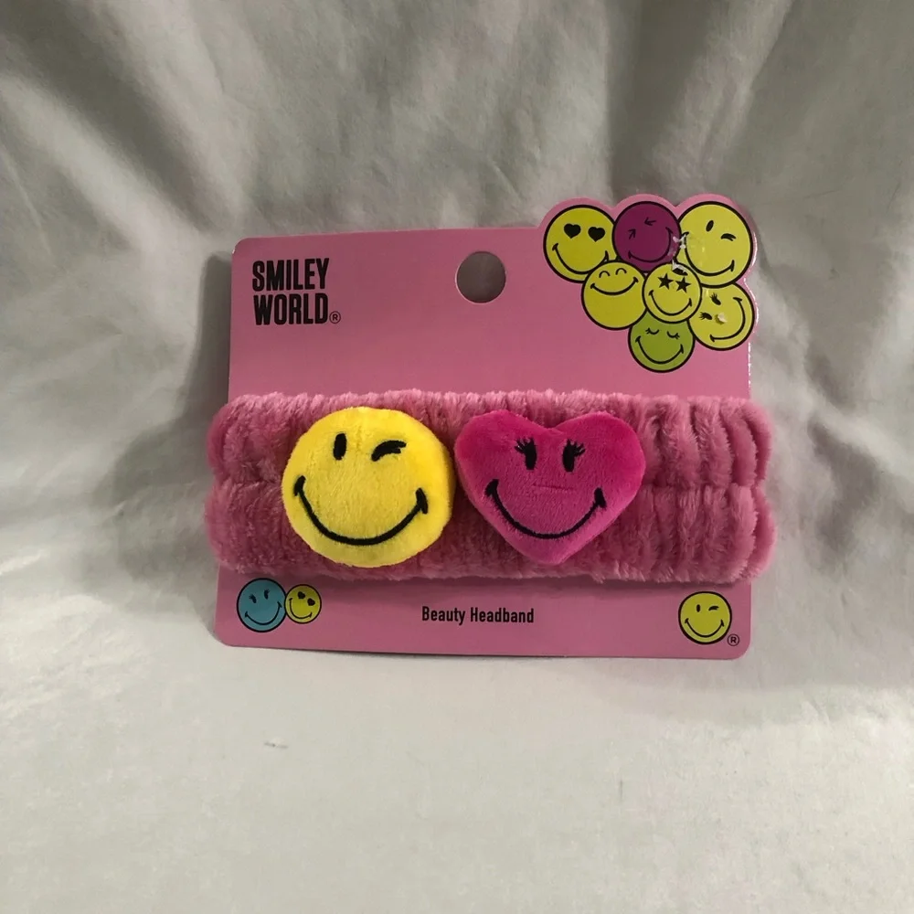 Pink Plush Headband with Yellow Smiley & Pink Heart